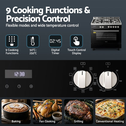 Devanti 90cm Dual Fuel Cooker Gas Cooktop Electric Oven 5 Burner