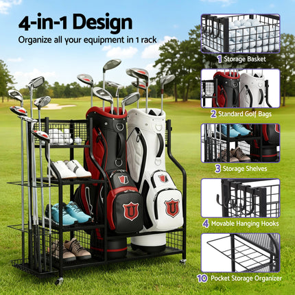 Everfit Golf Bag Storage Golf Storage Garage Organizer with Wheels Black