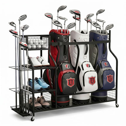 Everfit Golf 3 Bag Storage Golf Storage Garage Organizer with Wheels Black