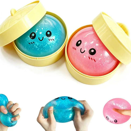 2Pcs Dumpling Squishies Surprise Pack, Glitter Slow Rising Stress Ball, Stretchy Fidget Sensory Toy for Anxiety Stress, Cute Dumpling Squeeze Toy for Adults Teens (Blue+Pink)