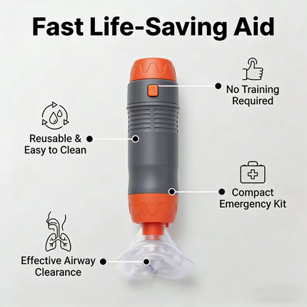 anti-choking device, Heimlich instrument, negative pressure suction, airway clearance, choking emergency, reusable emergency kit, Australian home safety, compact suction device