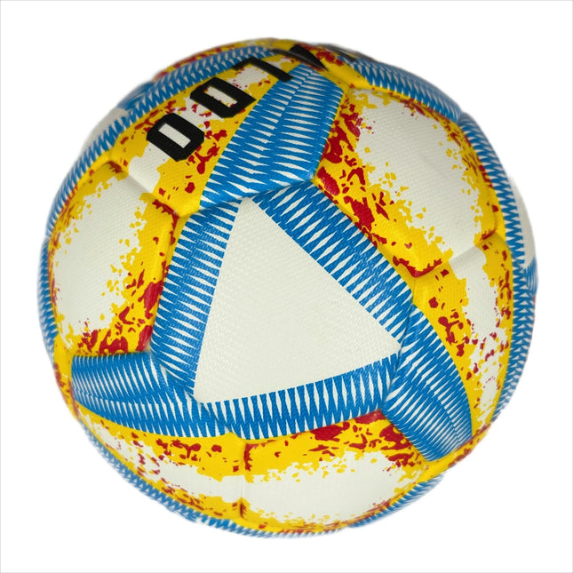 A yellow, blue and red football with color matching size5, PU fitting material, Christmas Boxing Day gift, including pump+air needle+net bag set,soccer