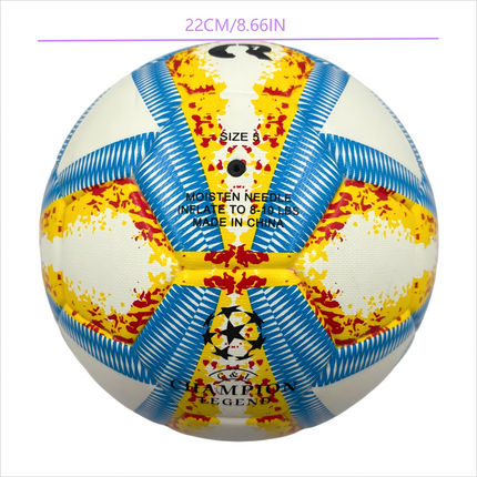 A yellow, blue and red football with color matching size5, PU fitting material, Christmas Boxing Day gift, including pump+air needle+net bag set,soccer