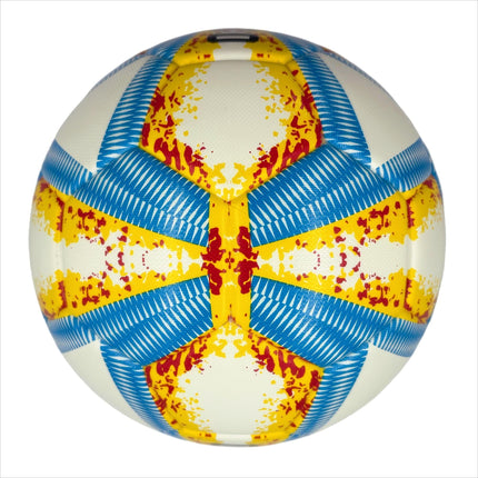 A yellow, blue and red football with color matching size5, PU fitting material, Christmas Boxing Day gift, including pump+air needle+net bag set,soccer