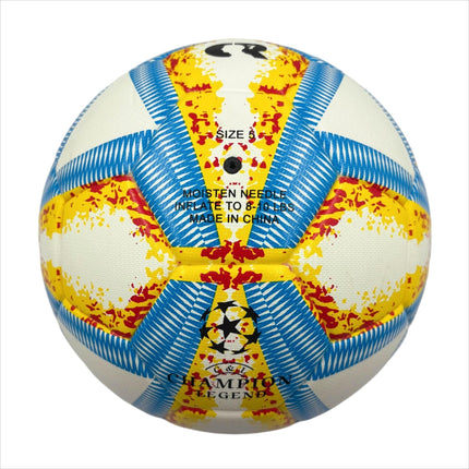 A yellow, blue and red football with color matching size5, PU fitting material, Christmas Boxing Day gift, including pump+air needle+net bag set,soccer