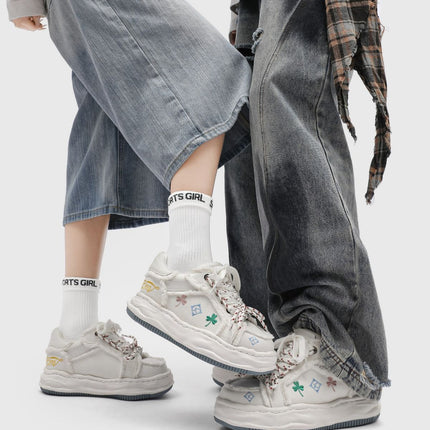 Casual Sneakers Embroidered Sneakers Four-Leaf Clover Shoes Comfortable - Black - Size 9(AU9/EU42)