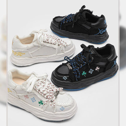 Casual Sneakers Embroidered Sneakers Four-Leaf Clover Shoes Comfortable - White - Size 8(AU8/EU41)