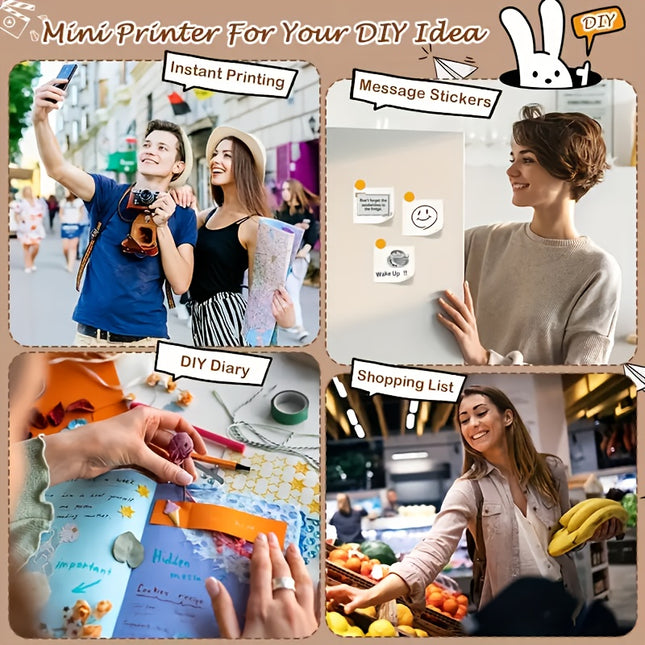 (White）Inkless Sticker Printer Mini Thermal Printer with Roll Thermal Paper, Wireless Pocket Printer, Smart Portable Receipt Printer for Photos, Diaries, Notes, and Preparation Work.
