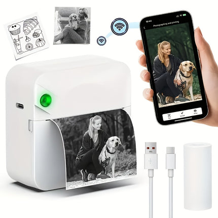 (Black）Inkless Sticker Printer Mini Thermal Printer with Roll Thermal Paper, Wireless Pocket Printer, Smart Portable Receipt Printer for Photos, Diaries, Notes, and Preparation Work.