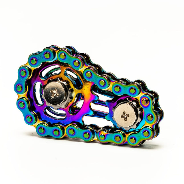 A colorful bicycle chain finger spinner - silent CNC machined stainless steel gear desktop toy, suitable for adults | Steampunk decoration stress relief and focus tool (office applicable) (mechanical art collection)