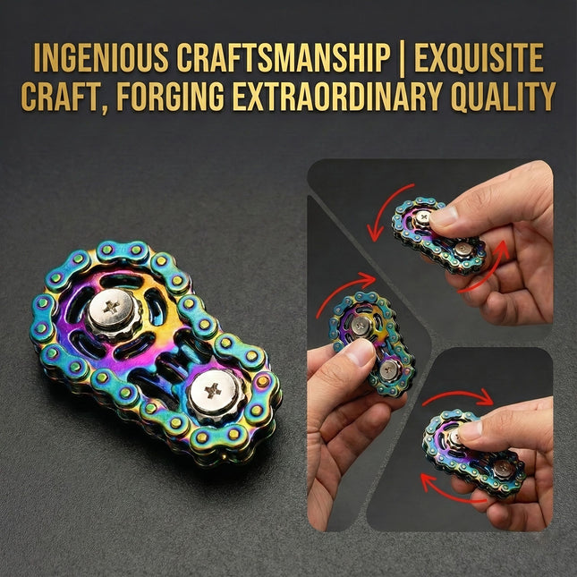 A colorful bicycle chain finger spinner - silent CNC machined stainless steel gear desktop toy, suitable for adults | Steampunk decoration stress relief and focus tool (office applicable) (mechanical art collection)