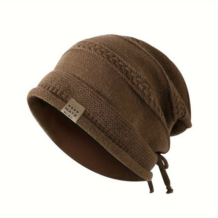 1PCS women's and men's new autumn and winter sheep wool material pure color knitted stackable hat drawstring adjustable cap hoodless hat warm hat cold hat wheat ear embroidery fashionable and versatile model - Coffee - Size XL(AU XL/EU52)
