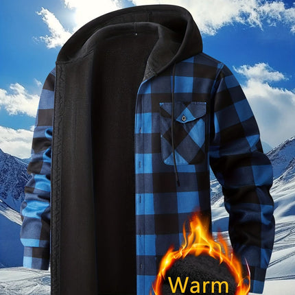 Plaid Hooded Jacket with Velvet Lining - Blue - Size L(AU L/EU50)