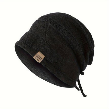 1PCS women's and men's new autumn and winter sheep wool material pure color knitted stackable hat drawstring adjustable cap hoodless hat warm hat cold hat wheat ear embroidery fashionable and versatile model - Black - Size XL(AU XL/EU52)