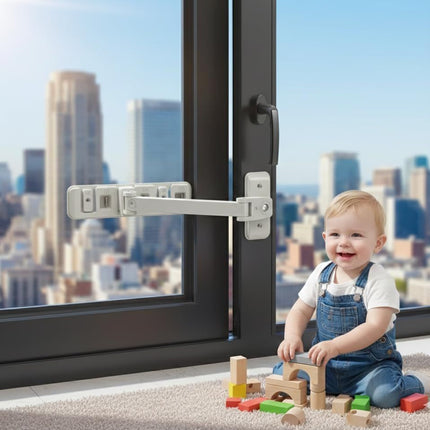 Adjustable Child Safety Window Lock with 3-Level Restrictor for Sliding and Casement Windows and Doors, No Drill Installation, Easy Adult Operation, Durable ABS and Zinc Alloy Construction (Gray)