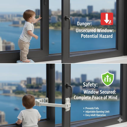 Adjustable Child Safety Window Lock with 3-Level Restrictor for Sliding and Casement Windows and Doors, No Drill Installation, Easy Adult Operation, Durable ABS and Zinc Alloy Construction (Gray)