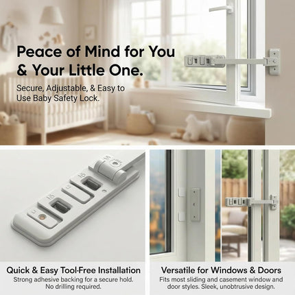 Adjustable Child Safety Window Lock with 3-Level Restrictor for Sliding and Casement Windows and Doors, No Drill Installation, Easy Adult Operation, Durable ABS and Zinc Alloy Construction (Gray)