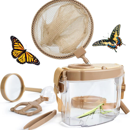 Kids Bug Catching Kit with Extendable Net, Magnifier & Observation Habitat – Outdoor Exploration Toy for Backyard & Camping (Brown)