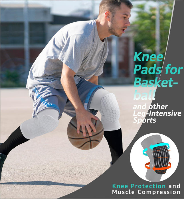 Honeycomb Knee Pads for Kids, Teens & Adults – Protective Compression Knee Guards for Basketball, Football, Cycling & Running(White,M)