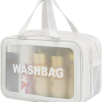 Large Capacity Travel Toiletry Bag with Dual Compartments, Waterproof PVC Cosmetic Organizer for Gym & Business Trips (White)
