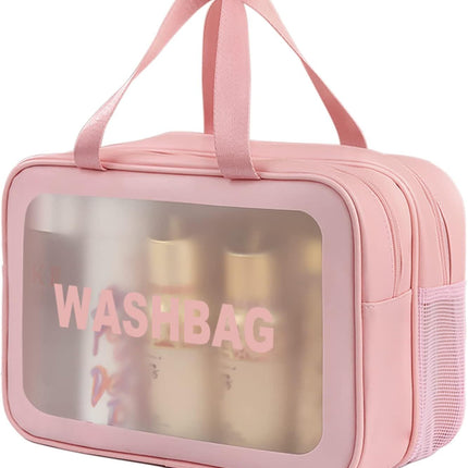 Large Capacity Travel Toiletry Bag with Dual Compartments, Waterproof PVC Cosmetic Organizer for Gym & Business Trips (Pink)