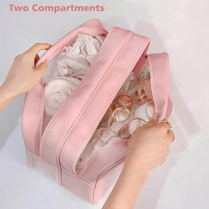 Large Capacity Travel Toiletry Bag with Dual Compartments, Waterproof PVC Cosmetic Organizer for Gym & Business Trips (Pink)