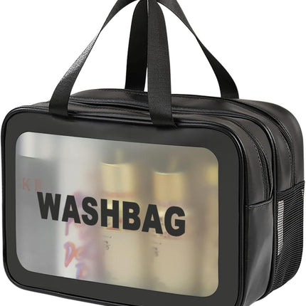 Large Capacity Travel Toiletry Bag with Dual Compartments, Waterproof PVC Cosmetic Organizer for Gym & Business Trips (Black)