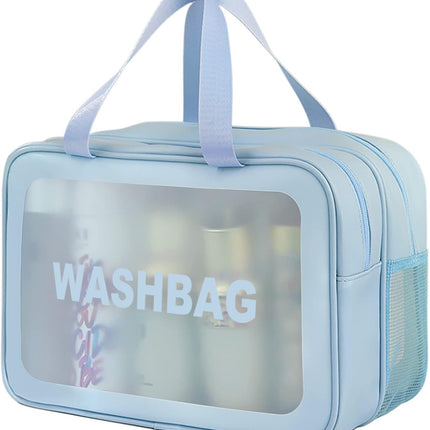 Large Capacity Travel Toiletry Bag with Dual Compartments, Waterproof PVC Cosmetic Organizer for Gym & Business Trips (Blue)