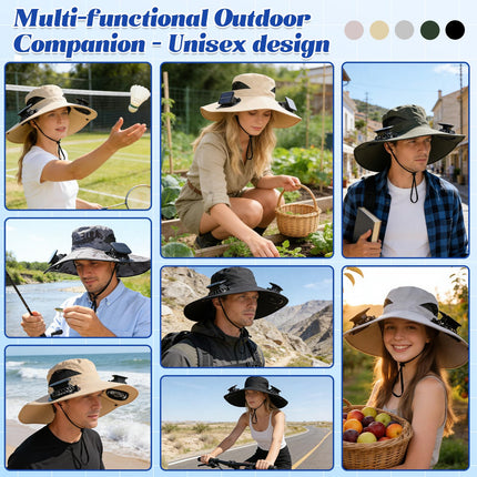 Solar-Powered Dual-Fan Sun Hat – UPF 50+ Wide-Brim Outdoor Hat with 2 USB/Solar Rechargeable Fans, Adjustable Strap, Breathable Mesh, for Fishing, Hiking, Beach & Gardening; Unisex Cooling Cap with 800mAh Battery (Dark- Grey)