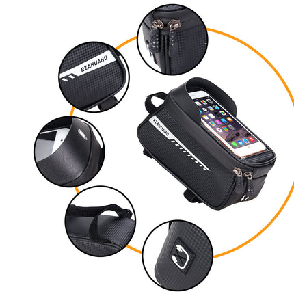 Black Waterproof Bike Frame Bag with Touchscreen & Reflective Details: 6.5" Phone Compatibility, Aussie Cyclist Essential