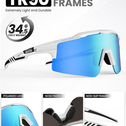 OutdoorMaster Hawk II Polarized Sports Sunglasses for Men Women, TAC 100% UV400 Protection TR90 Frame Cycling Sunglasses, Baseball Running Fishing Golf Glasses-White Frame+revo Blue Cat.3