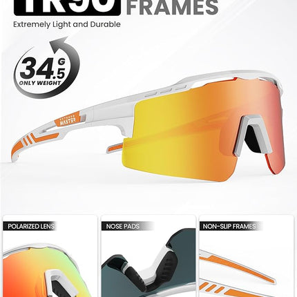 OutdoorMaster Hawk II Polarized Sports Sunglasses for Men Women, TAC 100% UV400 Protection TR90 Frame Cycling Sunglasses, Baseball Running Fishing Golf Glasses-White Frame+revo Red Cat.3,Adult