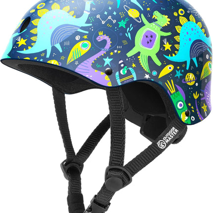 OutdoorMaster Youth & Kids Bike Helmet - Adjustable Multi-Sports Skateboard Helmet with Removable Liners for Balance Bike, Kids Scooter, One Wheel Hoverboard,Graffiti-style helmet-Dinoverse Madness-Small
