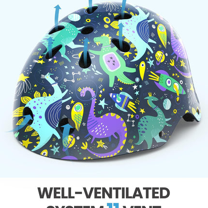OutdoorMaster Youth & Kids Bike Helmet - Adjustable Multi-Sports Skateboard Helmet with Removable Liners for Balance Bike, Kids Scooter, One Wheel Hoverboard,Graffiti-style helmet-Dinoverse Madness-Small