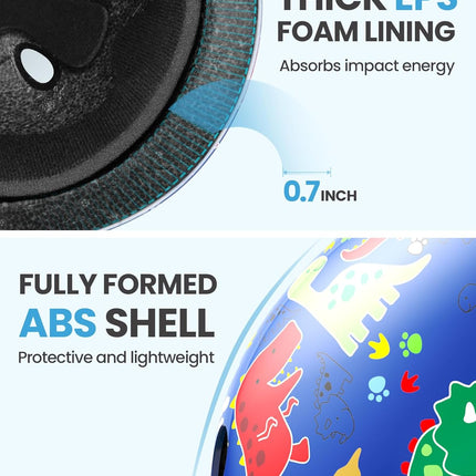 OutdoorMaster Youth & Kids Bike Helmet - Adjustable Multi-Sports Skateboard Helmet with Removable Liners for Balance Bike, Kids Scooter, One Wheel Hoverboard,Graffiti-style helmet-Dino Volcanoland-Small