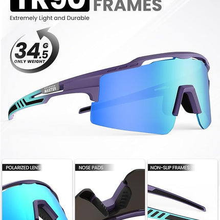 OutdoorMaster Hawk II Polarized Sports Sunglasses for Men Women, TAC 100% UV400 Protection TR90 Frame Cycling Sunglasses, Baseball Running Fishing Golf Glasses-Blue Frame+revo Blue Cat.3,Adult