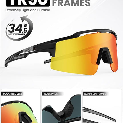 OutdoorMaster Hawk II Polarized Sports Sunglasses for Men Women, TAC 100% UV400 Protection TR90 Frame Cycling Sunglasses, Baseball Running Fishing Golf Glasses-Black Frame+revo Blue Cat.3,Adult