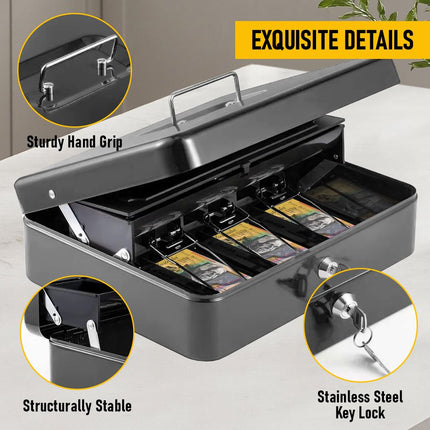 Lockable Cash Box with Coin Tray – Durable Metal Money Box with Key Lock for Bills & Change – Black