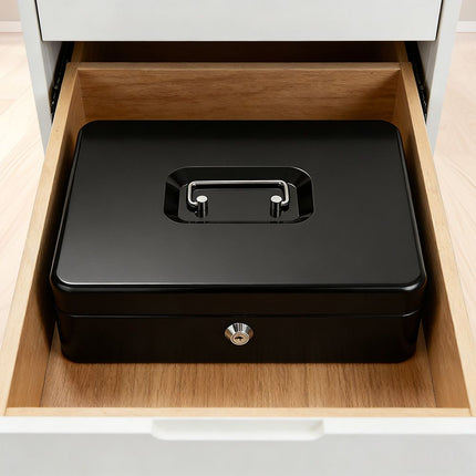 Lockable Cash Box with Coin Tray – Durable Metal Money Box with Key Lock for Bills & Change – Blue
