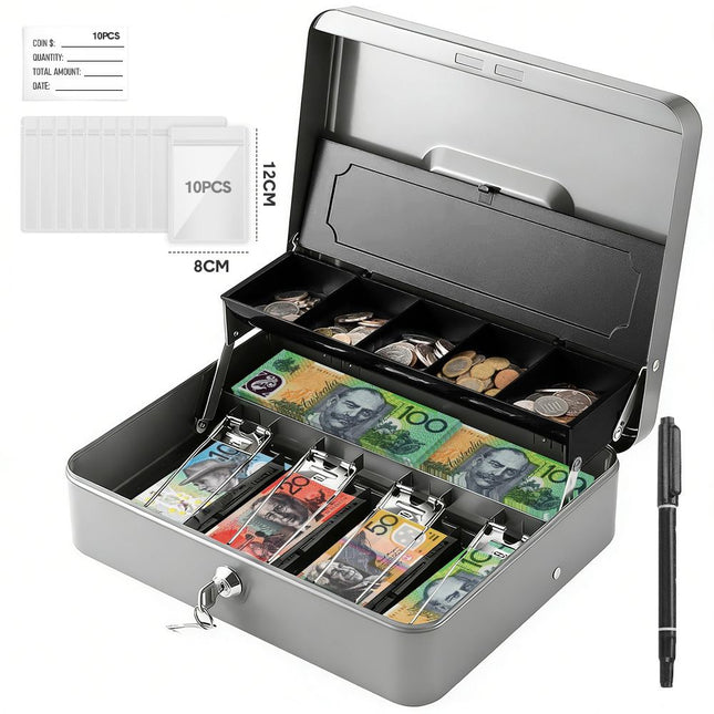 Lockable Cash Box with Coin Tray – Durable Metal Money Box with Key Lock for Bills & Change – Grey