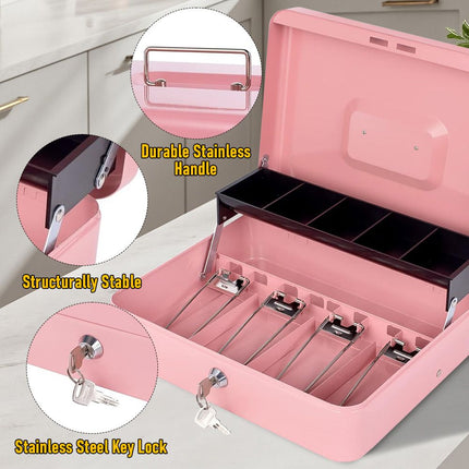 Cash Box With Security Locker And Security Cable, Money Box/Cash Tin With Money Tray For Saving Organizer-Pink