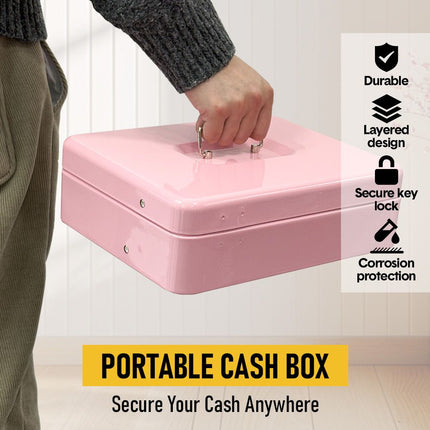 Cash Box With Security Locker And Security Cable, Money Box/Cash Tin With Money Tray For Saving Organizer-Pink