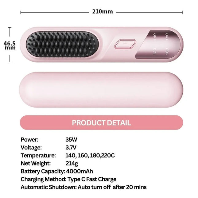 Cordless Hair Straightener Brush Portable Mini Ionic Straightening Comb 4000mAh-Black