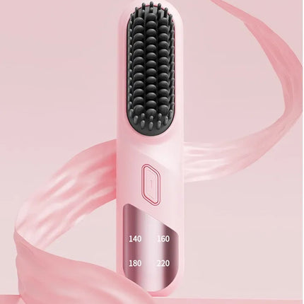 Cordless Hair Straightener Brush Portable Mini Ionic Straightening Comb 4000mAh-Pink