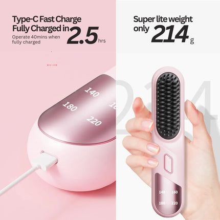 Cordless Hair Straightener Brush Portable Mini Ionic Straightening Comb 4000mAh-Purple