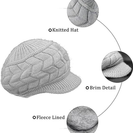 Hats - Women's Hats - Winter Hats - Knitted Beanie - Women's Wool Beanie - Warm Wool Knitted Beanie - With Visor - Newsboy Cap - Warm Fleece Lining - Skiing - Walking - Everyday Casual Wear