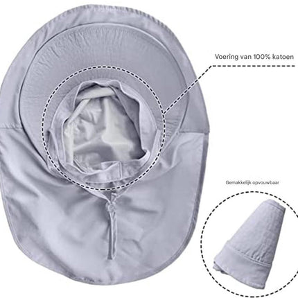 Women's and Men's Sun Hat - Foldable Garden Hat - Wide Brim with Neck Flap - With Chin Strap - For Outdoor Activities and Gardening - Light Grey - 1 Piece