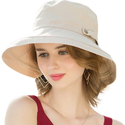 Women's Sun Hat - Katoen Wide Brim - UPF 50+ UV Protection - Foldable Beach Hat - Summer Bucket Hat - Travel Button Closure - Beige - One Size