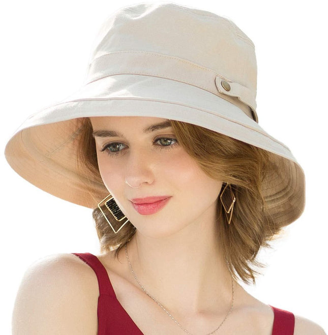 Women's Sun Hat - Katoen Wide Brim - UPF 50+ UV Protection - Foldable Beach Hat - Summer Bucket Hat - Travel Button Closure - Beige - One Size