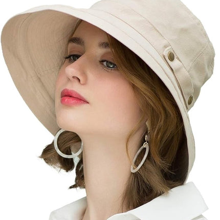 Women's Sun Hat - Katoen Wide Brim - UPF 50+ UV Protection - Foldable Beach Hat - Summer Bucket Hat - Travel Button Closure - Beige - One Size